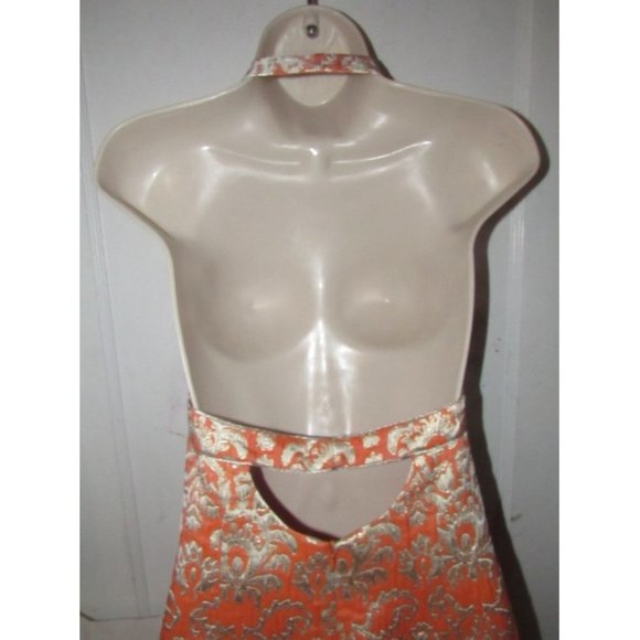 David Meister Orange With Metallic Floral Brocade Print Silk With A Halter Top - Picture 5 of 12